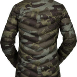 Volcom Women's Tia SD Jacket 2021 - A dark green camouflage print down-filled jacket with a high collar and zippered pockets.