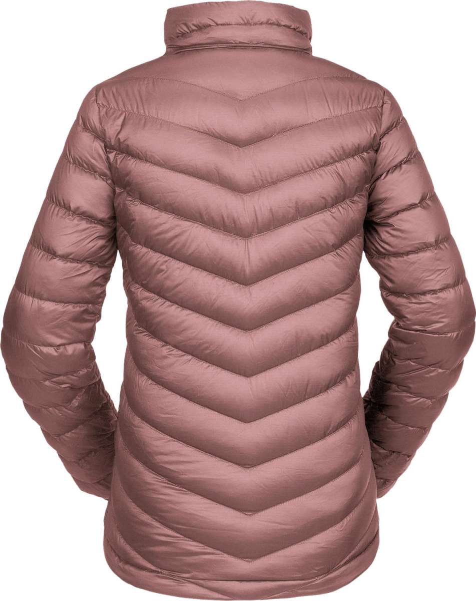 Volcom Women's Tia SD Jacket 2021 - A dusty rose-colored down-filled puffer jacket with a high collar and diagonal chevron quilting on the back.