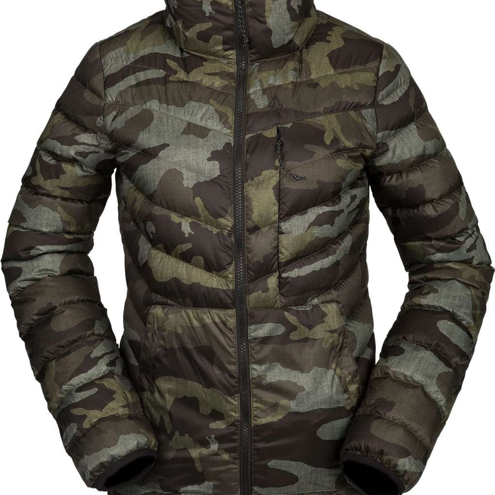 Volcom Women's Tia SD Jacket 2021 - A dark green camouflage print down jacket with a high collar and zip closure.