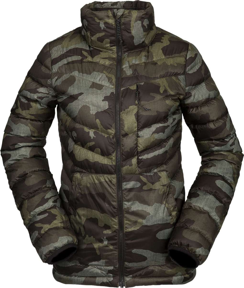 Volcom Women's Tia SD Jacket 2021 - A dark green camouflage print down jacket with a high collar and zip closure.