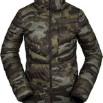 Volcom Women's Tia SD Jacket 2021 - A dark green camouflage print down jacket with a high collar and zip closure.