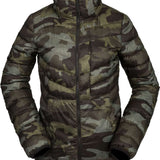 Volcom Women's Tia SD Jacket 2021 - A dark green camouflage print down jacket with a high collar and zip closure.