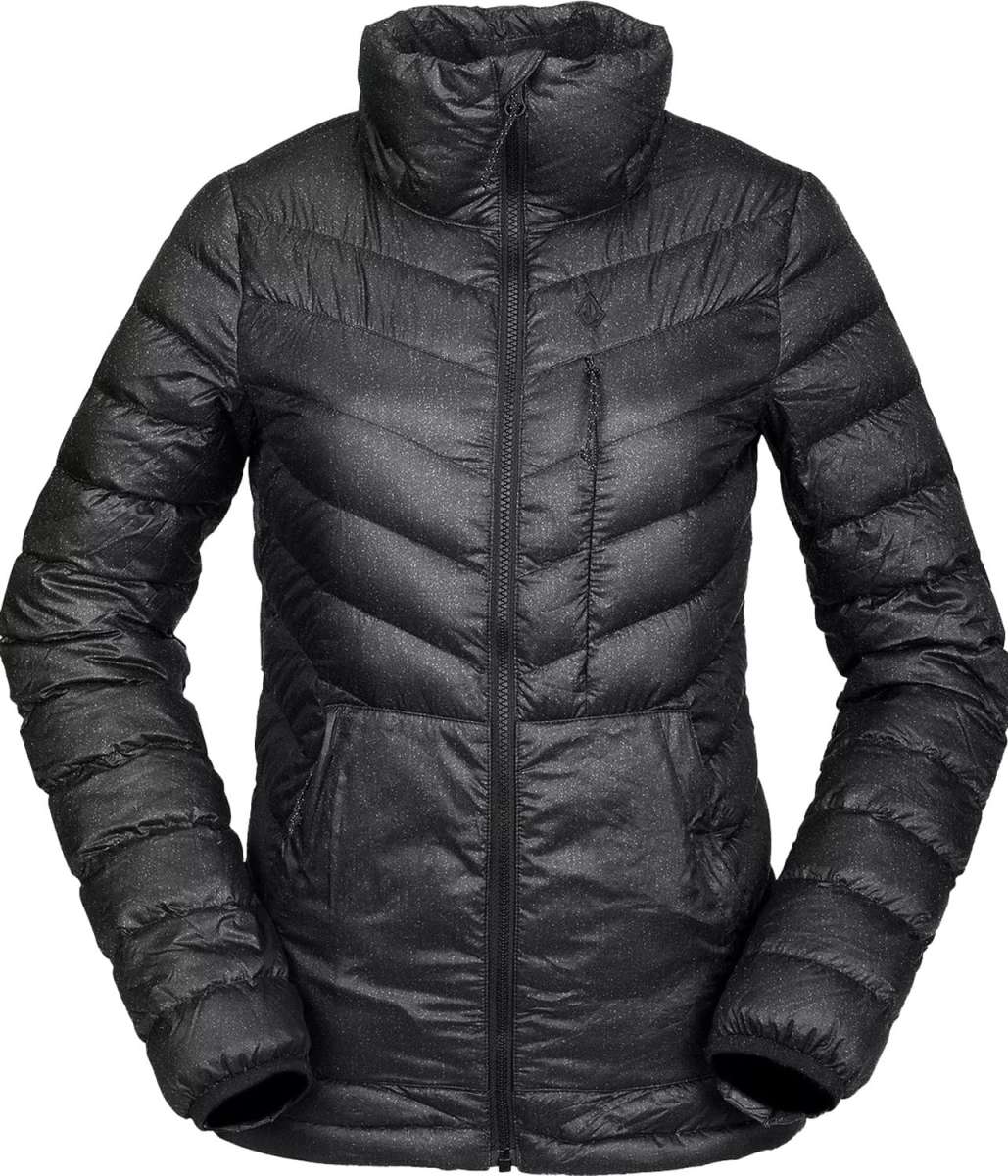 Volcom Women's Tia SD Jacket 2021 - A black down-filled puffer jacket with a high collar and zip closure.