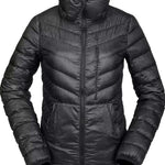 Volcom Women's Tia SD Jacket 2021 - A black down-filled puffer jacket with a high collar and zip closure.