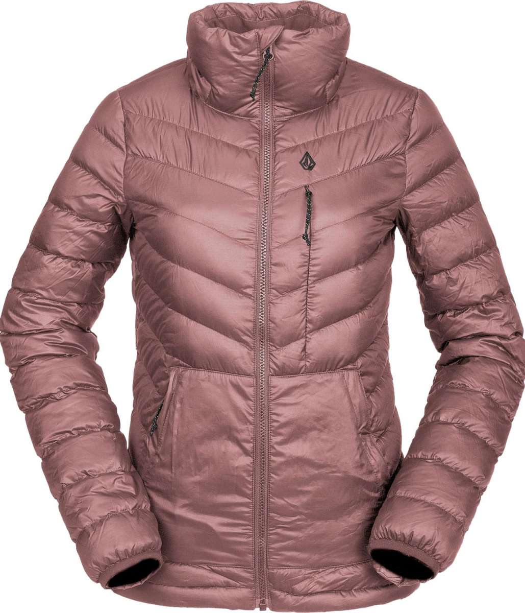 Volcom Women's Tia SD Jacket 2021 - A dusty rose-colored down-filled jacket with diagonal quilting and a high collar, featuring black zippers and a small logo on the chest.