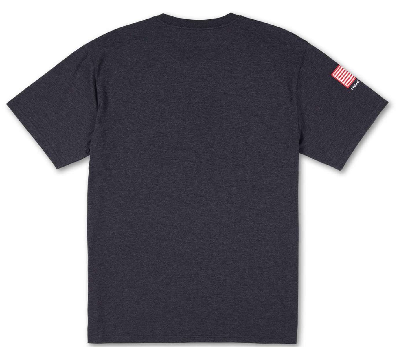 Volcom True To This USST Short Sleeve Tee 2022 - A dark gray t-shirt with a small red and white striped patch on the left sleeve.