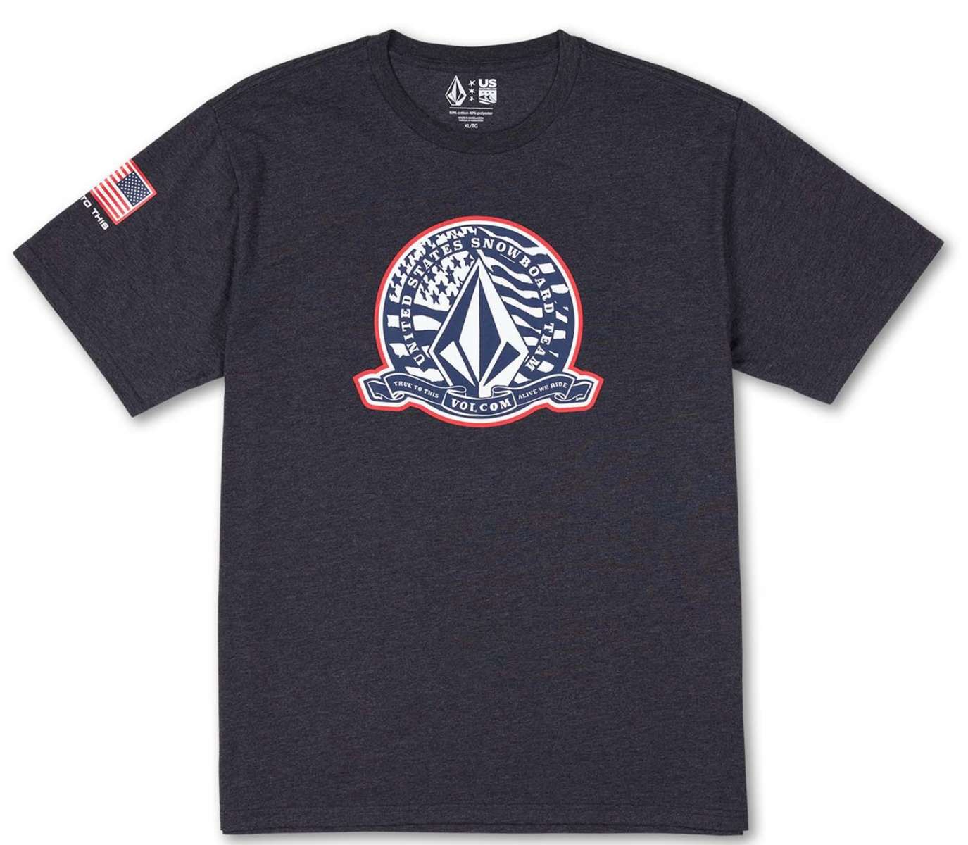 Volcom - A dark gray t-shirt with a white logo featuring an upside-down American flag and "USST" in small letters above it.