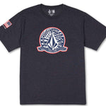 Volcom - A dark gray t-shirt with a white logo featuring an upside-down American flag and "USST" in small letters above it.