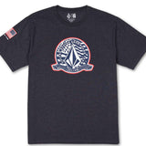 Volcom - A dark gray t-shirt with a white logo featuring an upside-down American flag and "USST" in small letters above it.