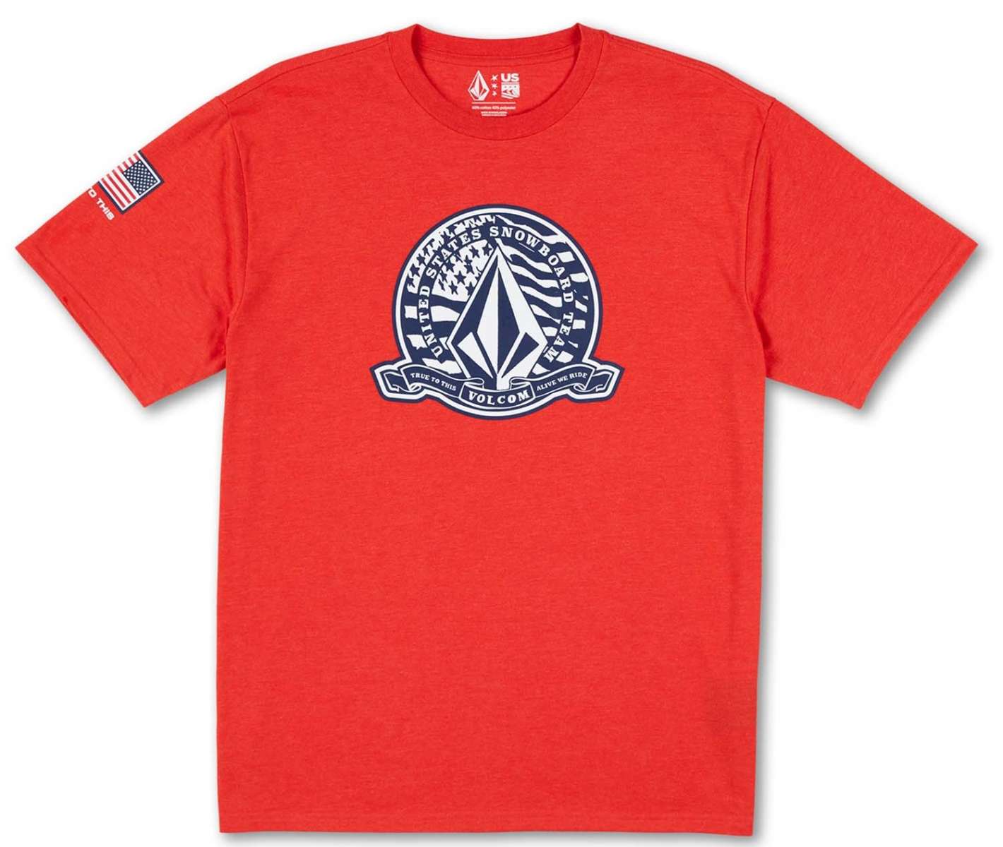 Volcom - A red t-shirt with a white logo featuring an upside-down black triangle and the words "US ST" in small letters above it.
