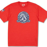 Volcom - A red t-shirt with a white logo featuring an upside-down black triangle and the words "US ST" in small letters above it.