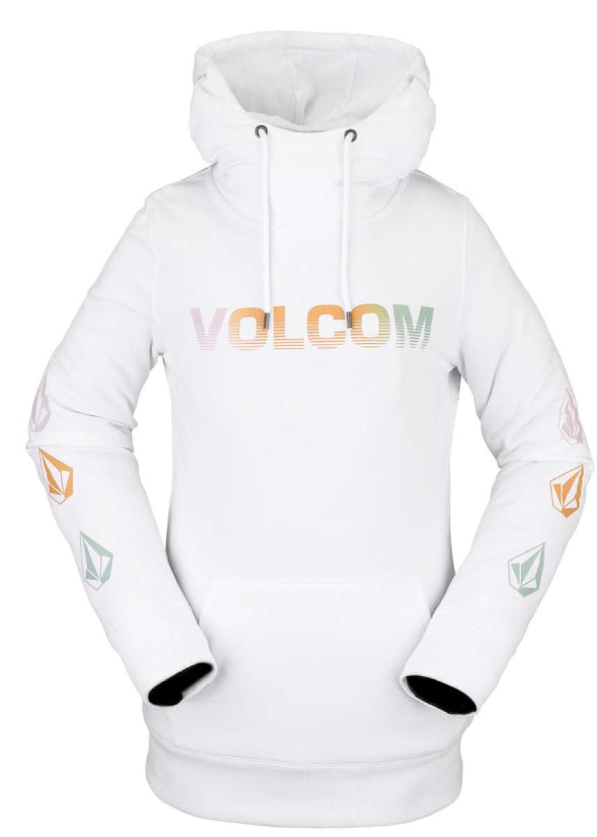 Volcom Women's Costus Pullover Fleece 2022 - A white fleece pullover with a hood and drawstring, featuring a small logo on the left chest area.