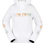 Volcom Women's Costus Pullover Fleece 2022 - A white fleece pullover with a hood and drawstring, featuring a small logo on the left chest area.
