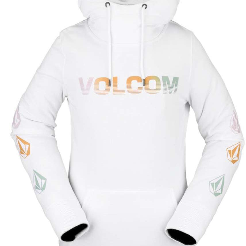 Volcom Women's Costus Pullover Fleece 2022 - A white fleece pullover with a hood and drawstring, featuring a small logo on the left chest area.