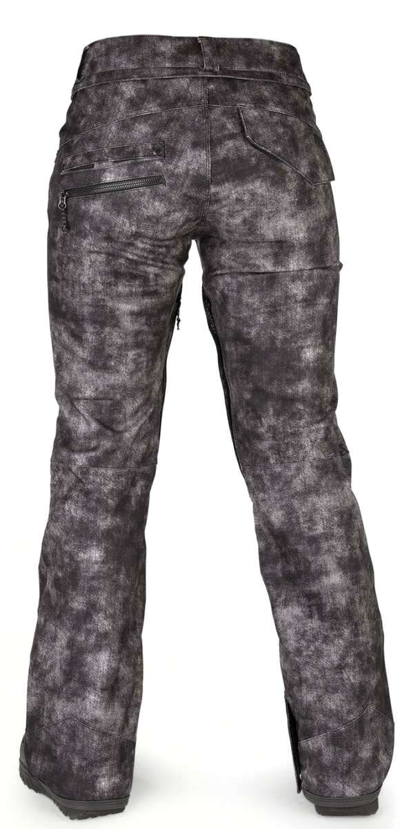 Volcom Women's Species Stretch Pant 2022 - Black pants with a subtle white pattern and zippered pockets on the back.