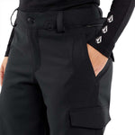Volcom Women's Wilding Shell Pants 2024 - Black pants with a zippered pocket on the side and adjustable Velcro straps at the waist.