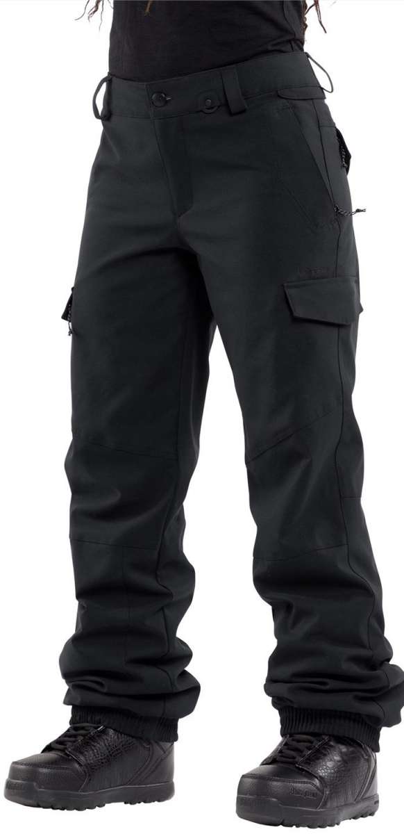 Volcom Women's Wilding Shell Pants 2024 - Black pants with a zippered pocket on the thigh and adjustable drawstring at the waist.