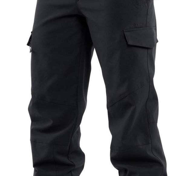 Volcom Women's Wilding Shell Pants 2024 - Black pants with a zippered pocket on the thigh and adjustable drawstring at the waist.