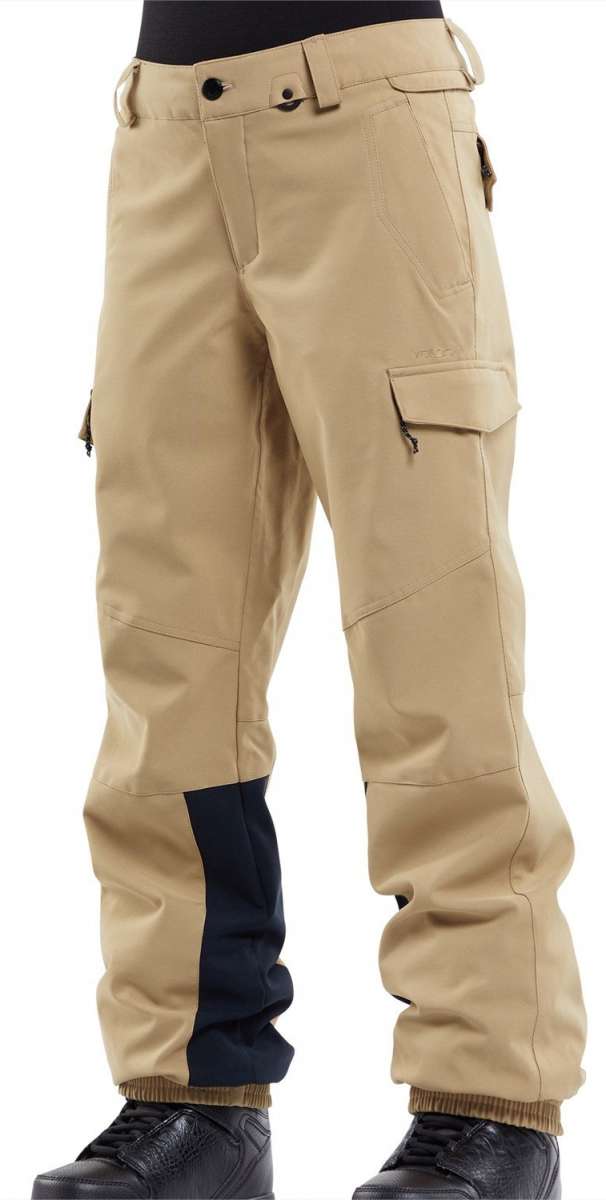 Volcom Women's Wilding Shell Pants 2024 - Beige pants with a black stripe down the side and zippered pockets on the thigh.