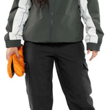 Volcom Women's Wilding Shell Pants 2024 - A pair of black snow pants with a white stripe down the side and a zipper pocket on the thigh.