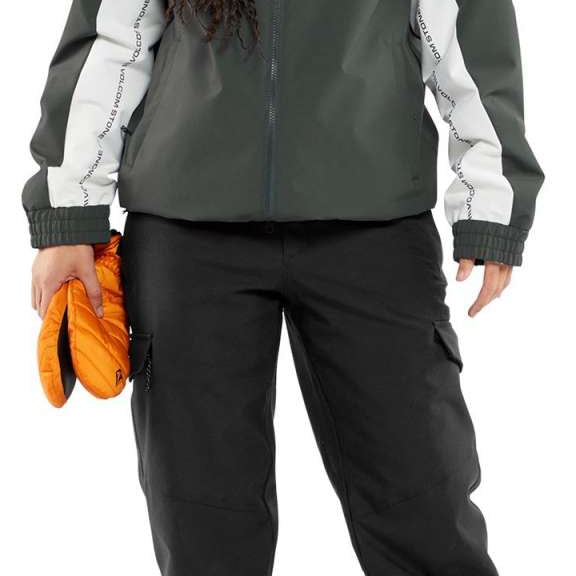 Volcom Women's Wilding Shell Pants 2024 - A pair of black snow pants with a white stripe down the side and a zipper pocket on the thigh.