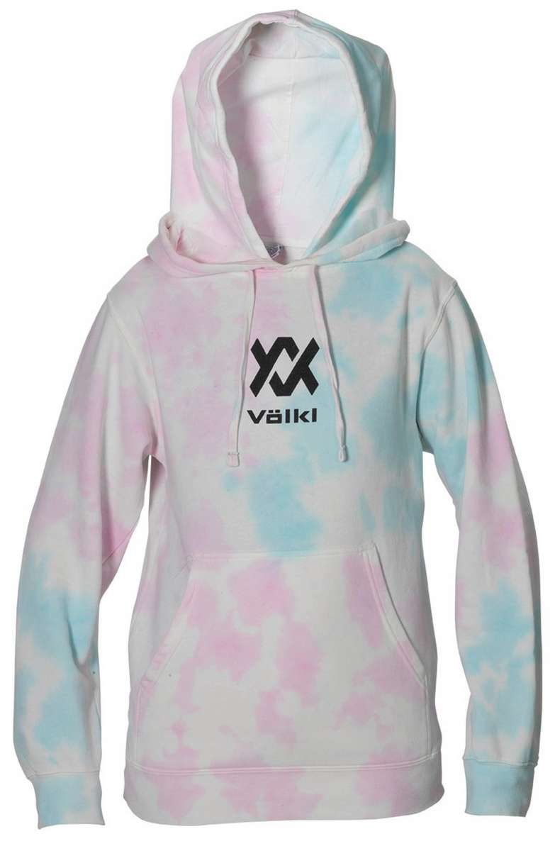 Volkl - Unisex tie-dyed hoodie with pink and blue swirls on a white background.