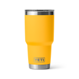Yeti Rambler 30 oz. Tumbler with Magslider Lid - A stainless steel tumbler with a silver lid and a sliding closure mechanism.