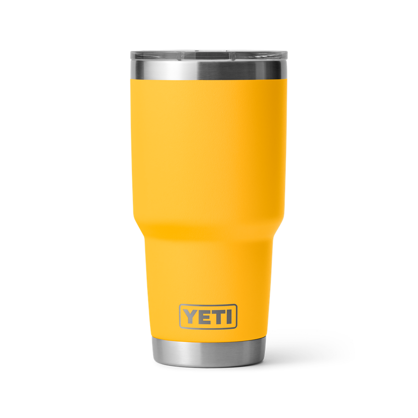 Yeti Rambler 30 oz. Tumbler with Magslider Lid - A stainless steel tumbler with a silver lid and a sliding closure mechanism.