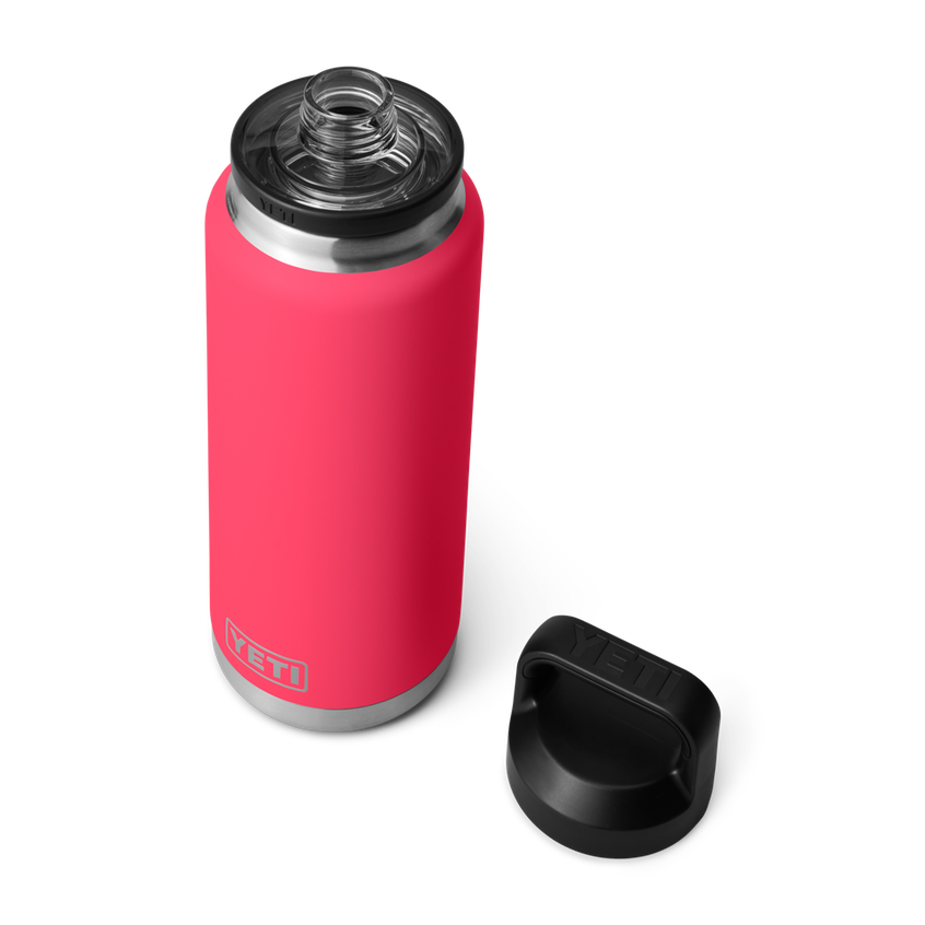 Yeti Rambler 36 oz. Bottle With Chug Cap - A stainless steel water bottle with a screw-on lid and chug cap, featuring a silver color and a cylindrical shape.