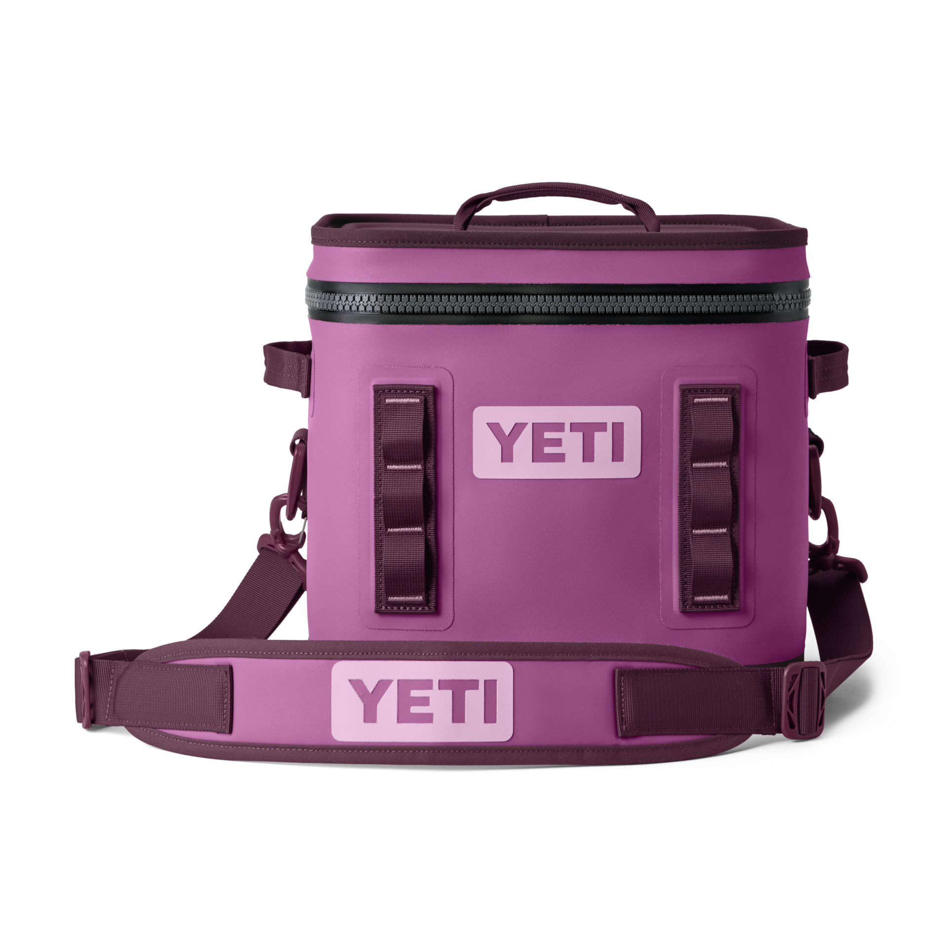 Yeti Hopper Flip 8 Personal Cooler - A purple cooler with a zippered top and two handles on either side, featuring a Yeti logo in white.