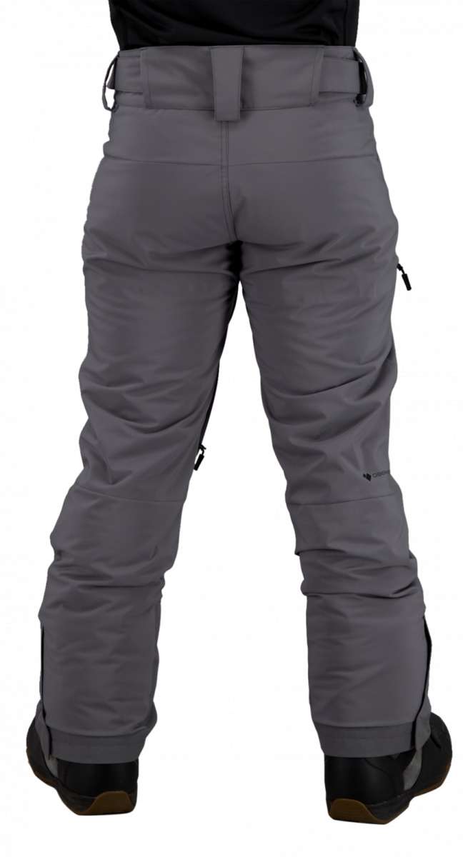Obermeyer Force Insulated Pant 2022 - A pair of gray insulated ski pants with a zippered pocket on the side and adjustable Velcro straps at the waist.