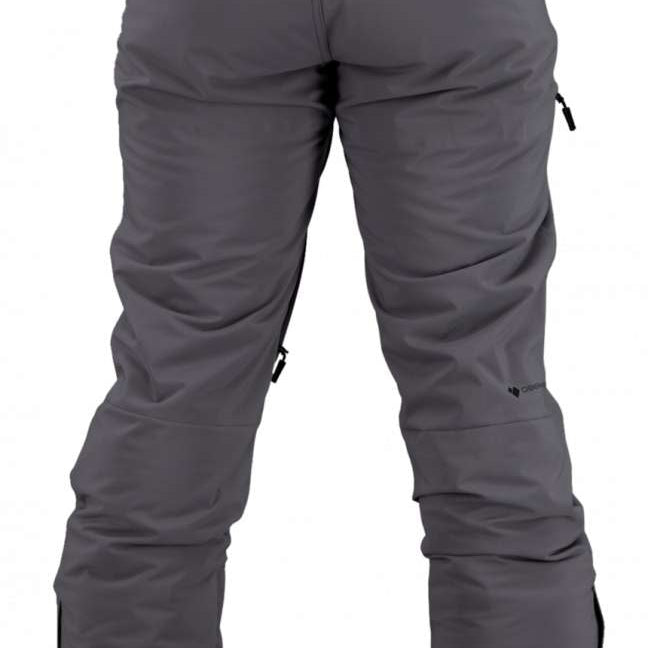 Obermeyer Force Insulated Pant 2022 - A pair of gray insulated ski pants with a zippered pocket on the side and adjustable Velcro straps at the waist.
