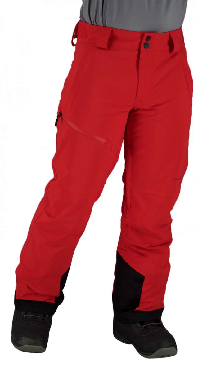 Obermeyer Force Insulated Pant 2022 - A pair of red insulated ski pants with black accents on the side pockets and lower leg cuffs.