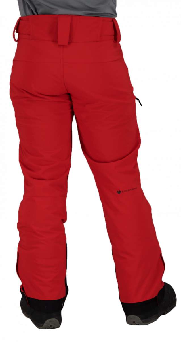 Obermeyer Force Insulated Pant 2022 - A pair of red insulated ski pants with a black logo on the left leg and a zippered pocket on the right thigh.