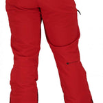 Obermeyer Force Insulated Pant 2022 - A pair of red insulated ski pants with a black logo on the left leg and a zippered pocket on the right thigh.