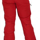 Obermeyer Force Insulated Pant 2022 - A pair of red insulated ski pants with a black logo on the left leg and a zippered pocket on the right thigh.