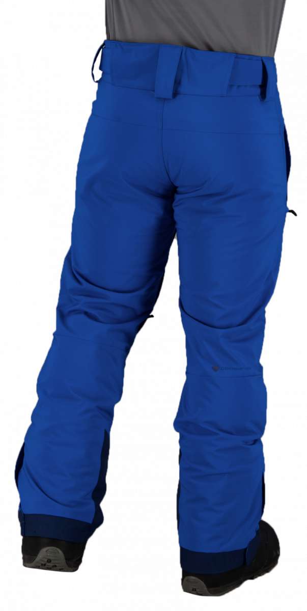 Obermeyer Force Insulated Pant 2022 - A pair of royal blue snow pants with a black stripe down the side and two zippered pockets on the back.