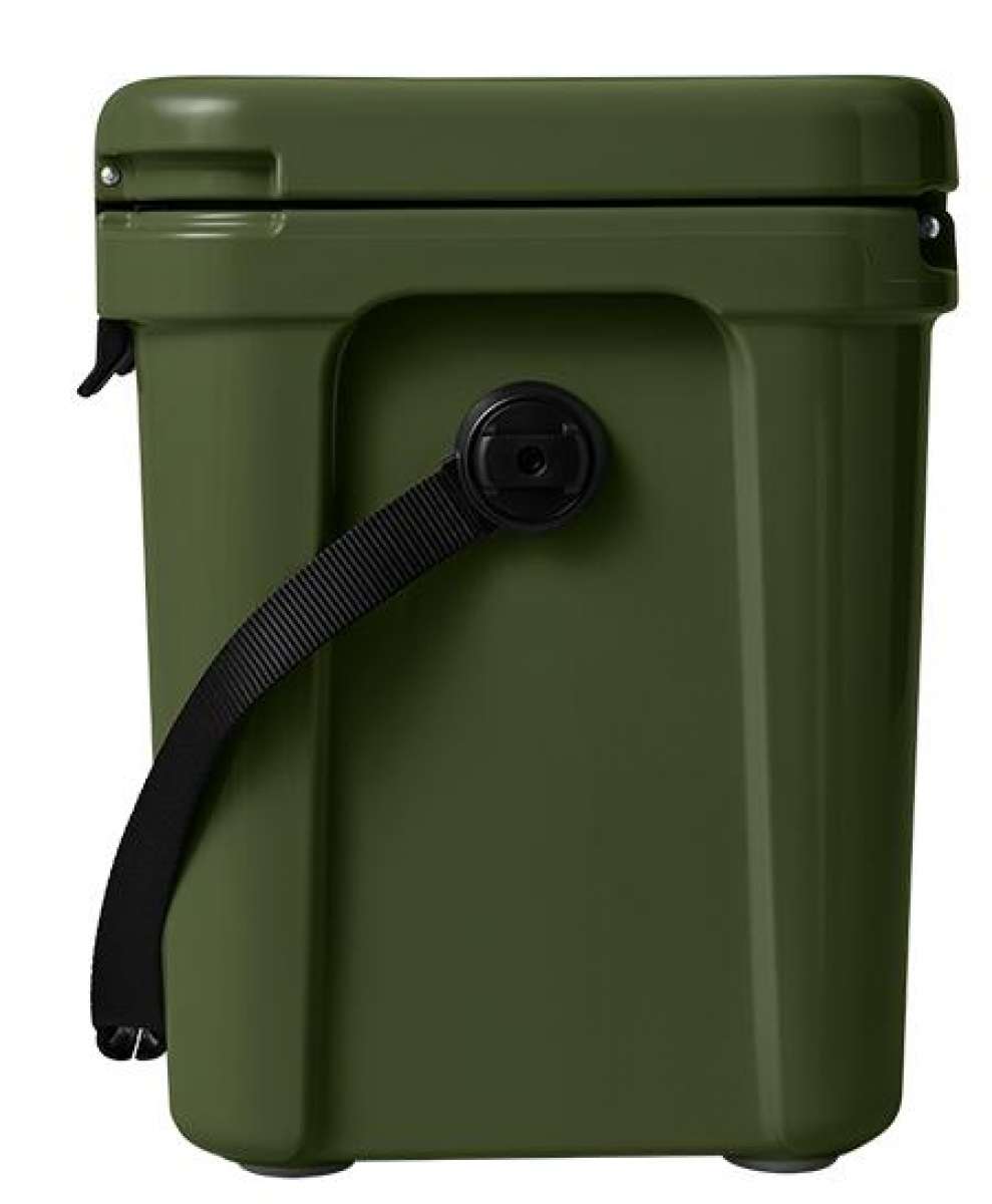 Yeti Roadie 24 Hard Cooler - A dark green cooler with a handle on top and a latch to secure the lid.