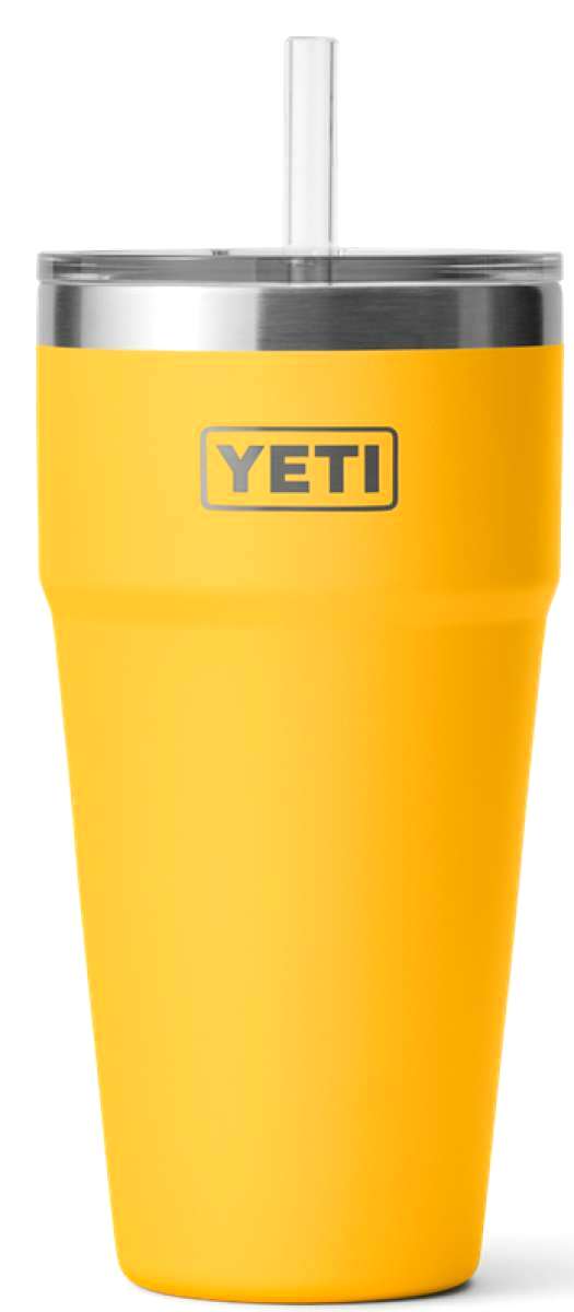 Yeti Rambler 26 oz. Straw Cup - A yellow insulated tumbler with a clear plastic straw and silver lid.