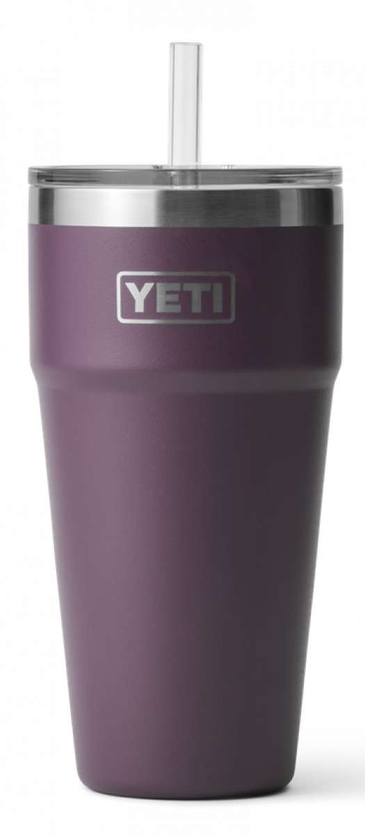 Yeti Rambler 26 oz. Straw Cup - A purple insulated tumbler with a clear plastic straw protruding from its lid.