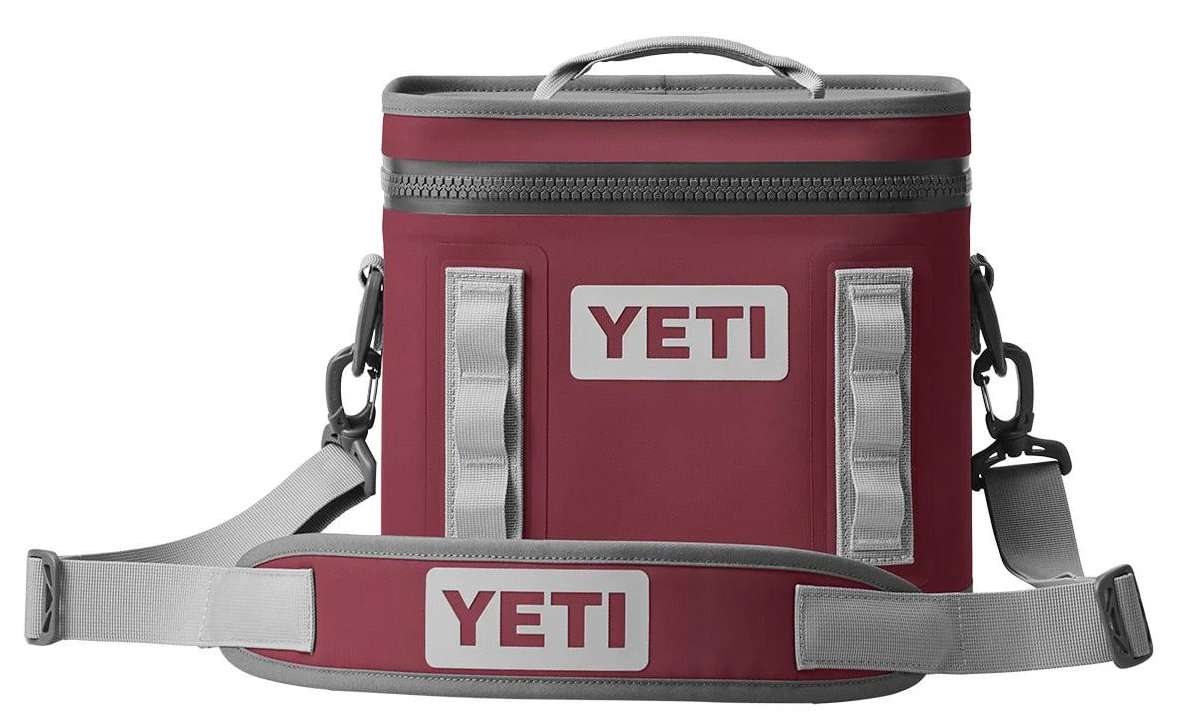 Yeti Hopper Flip 8 Personal Cooler - A red cooler with a zippered top and two handles, one on each side.