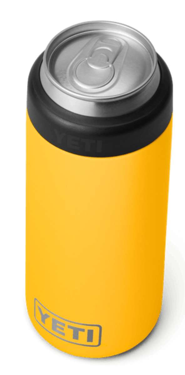 Yeti Rambler 12 oz. Colster Slim Can Insulator - A slim can insulator with a silver lid and a yellow body.