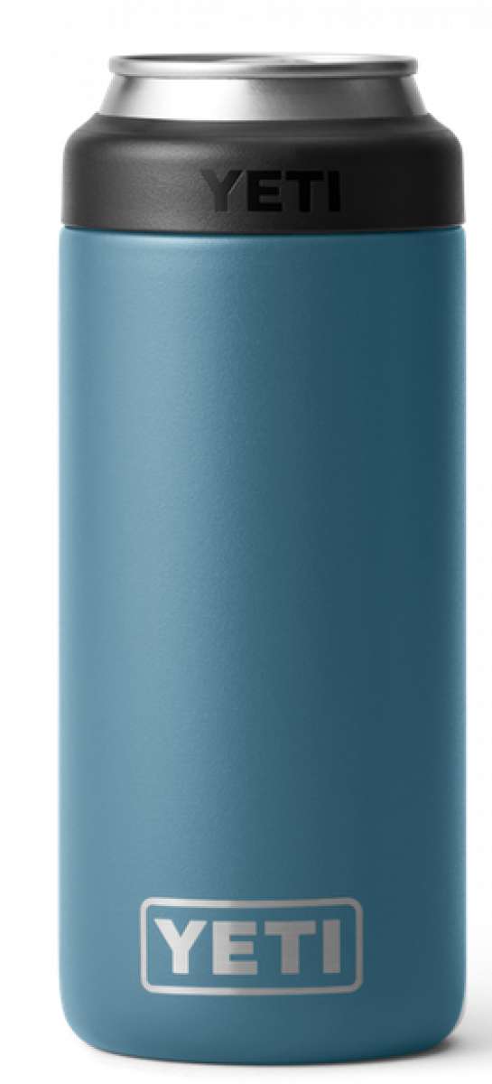 Yeti Rambler 12 oz. Colster Slim Can Insulator - A slim can insulator with a silver lid and a dark gray body.