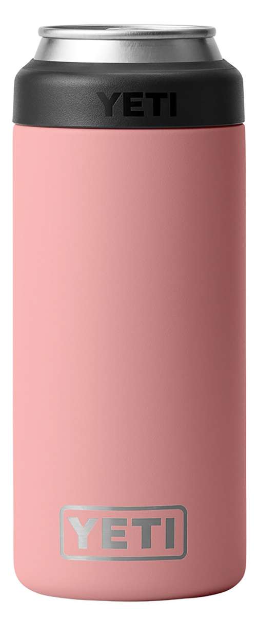 Yeti Rambler 12 oz. Colster Slim Can Insulator - A slim can insulator with a silver lid and a dark gray rubber sleeve around it.