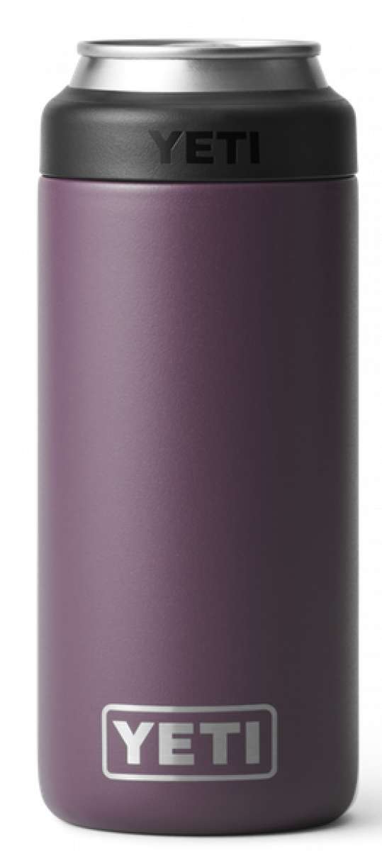 Yeti Rambler 12 oz. Colster Slim Can Insulator - A slim can insulator with a silver lid and a dark gray body.