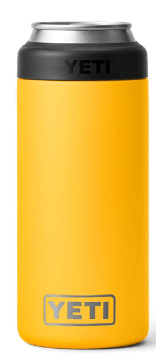 Yeti Rambler 12 oz. Colster Slim Can Insulator - A yellow can insulator with a silver top and black logo on the side.