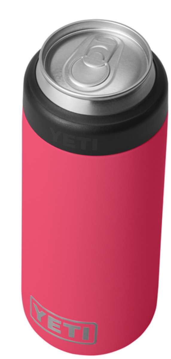 Yeti Rambler 12 oz. Colster Slim Can Insulator - A red insulated can holder with a black lid and silver top, featuring the word "YETI" in gray on the side.