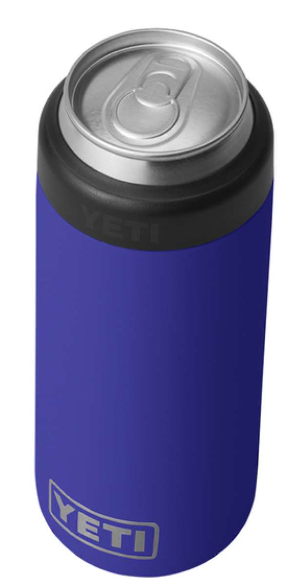 Yeti Rambler 12 oz. Colster Slim Can Insulator - A royal blue insulated can holder with a silver lid and a black rubber band around it.