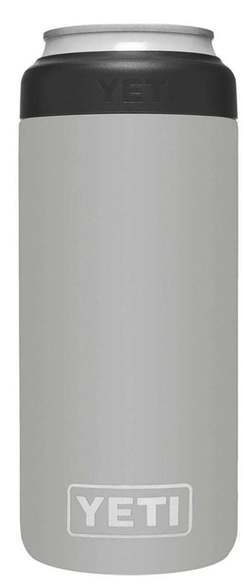 Yeti Rambler 12 oz. Colster Slim Can Insulator - A silver can insulator with a black lid and embossed "YETI" logo on top.