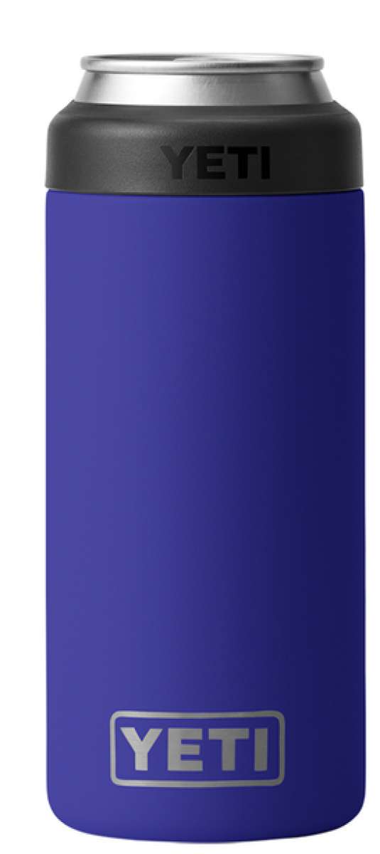 Yeti Rambler 12 oz. Colster Slim Can Insulator - A royal blue can insulator with a silver lid and "YETI" logo in black.